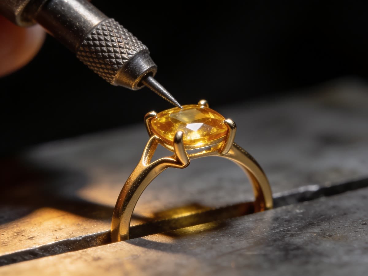 Buril abrindo o assento de uma pedra em anel de ouro